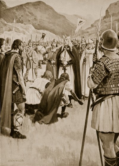 Il Consiglio di Dacor, 926, quando Athelstan scacciò Guthfrith il giovane re della Northumbria danese, illustrazione da 